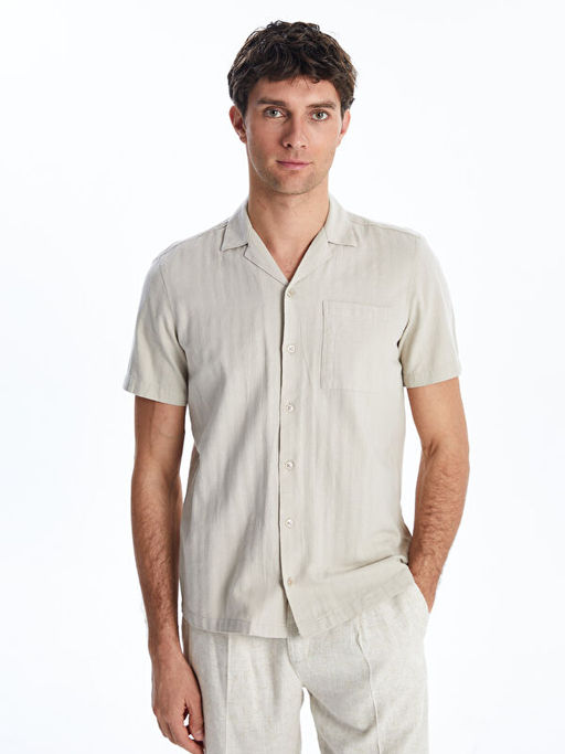 Regular Fit K?sa Kollu Keten Kar???ml? Erkek G?mlek