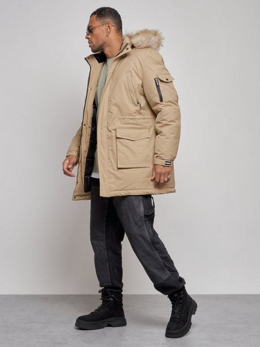 Парка мужская зимняя удлиненная с мехом бежевого цвета 8318B - Wonderrman фото 3