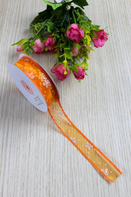 Лента органза 2,5 см*20 ярд Цветочки с блестками (SF-717) оранжевый №25 - No name фото 2