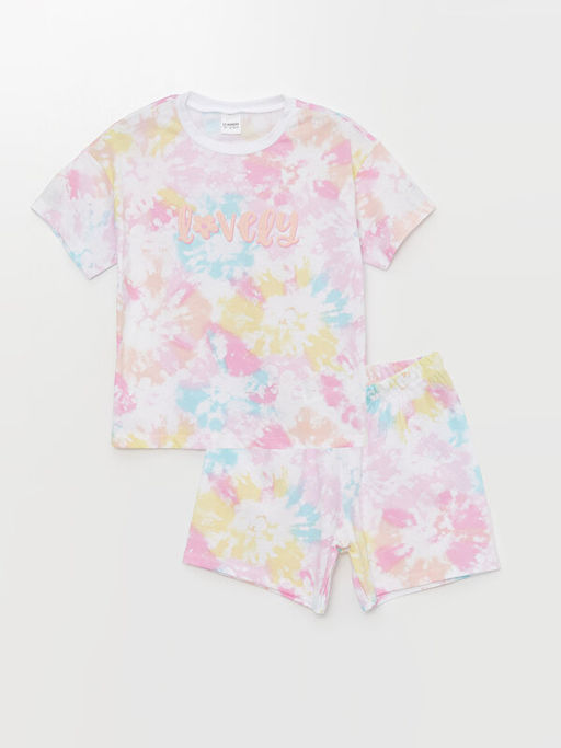 Bisiklet Yaka Batik Desenli K?z ?ocuk ?ortlu Pijama Tak?m?