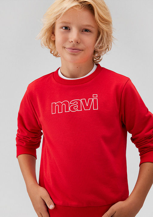 Mavi Logo Bask?l? K?rm?z? Sweatshirt