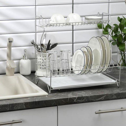 Сушилка для посуды с поддоном 2-х ярусная, настольно-настенная, 39.5×25×38 см, хром