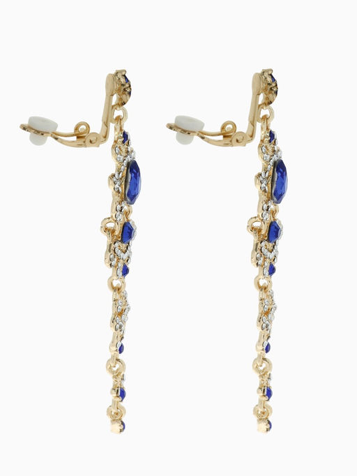 Клипсы для ушей висячие со стразами QF Ажур, капли с завитками, цвет бело-синий в золоте