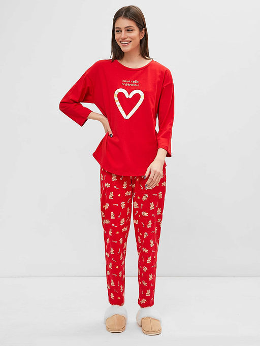 Комплект женский (лонгслив, брюки) в красном цвете с принтом в виде печенек - Mark formelle фото 2