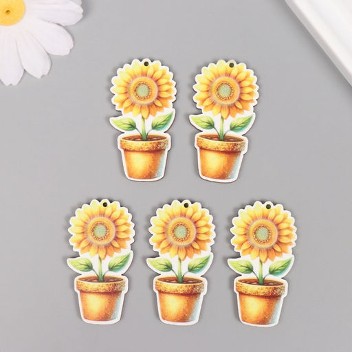 Цена за 10 шт. Декор для творчества дерево Подсолнух в горшке, 4.6?2.5?0.3 см