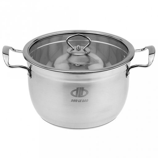 Кастрюля из нержавеющей стали Аксай 4,8л, д23,5см h14,4см, s0,45мм, матовая полировка, стеклянная крышка, металлические ручки, с теплораспределительным дном 0,5см, цветная коробка (Китай)