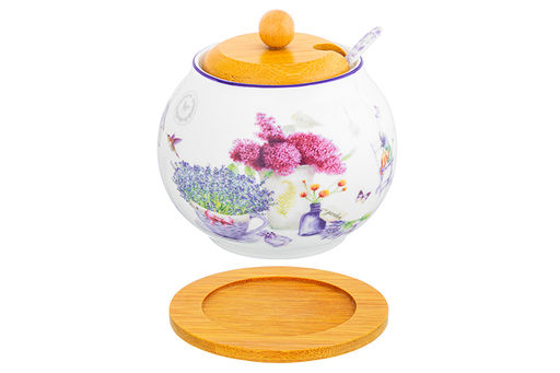 Сахарница 620 мл 11*11*12 см Лаванда + ложка + дер. крышка на дер. подставке NEW BONE CHINA - Elan gallery фото 13