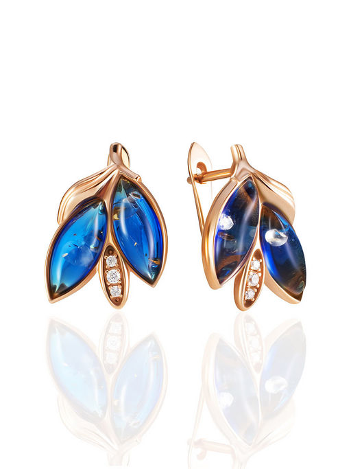 Нежные серьги с синим янтарём и фианитами Ивушка