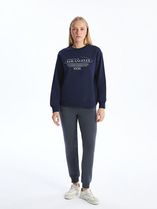 Bisiklet Yaka Bask?l? Oversize Kad?n Kal?n Sweatshirt