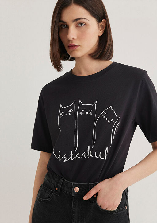 Kedi Bask?l? Gri Istanbul Tisort - Mavi фото 2