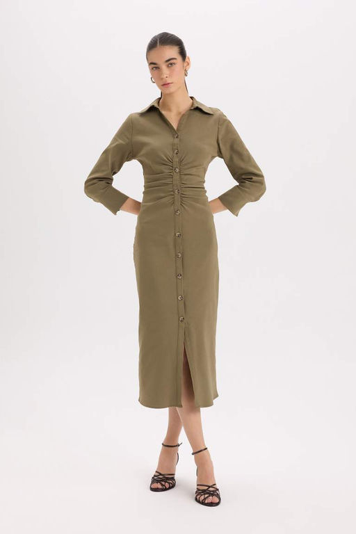 Базовое бенгальское платье с воротником рубашки и присборенной талией на пуговицах до половины рукава - Defacto фото 2