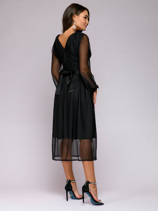 Платье черное длины миди с V-образным вырезом и верхом из фатина - 1001dress фото 4