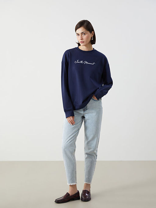 Bisiklet Yaka Bask?l? Kad?n Sweatshirt