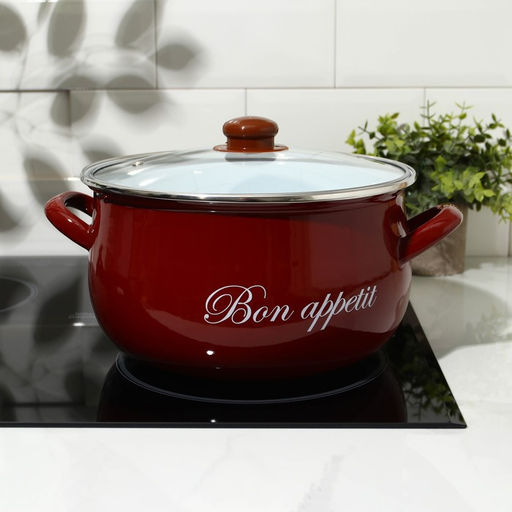 Кастрюля эмалированная «Бордо», 4 л, d=20 см, стеклянная крышка, индукция, цвет бордовый