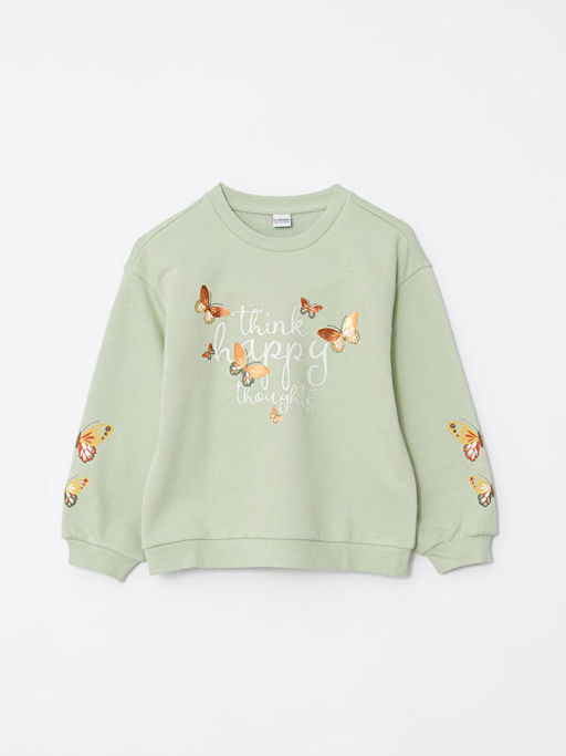 Bisiklet Yaka Bask?l? Uzun Kollu K?z ?ocuk Sweatshirt