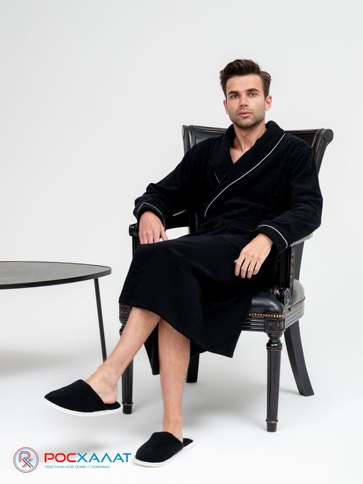 Мужской махровый халат с кантом черный МЗ-33 (100)