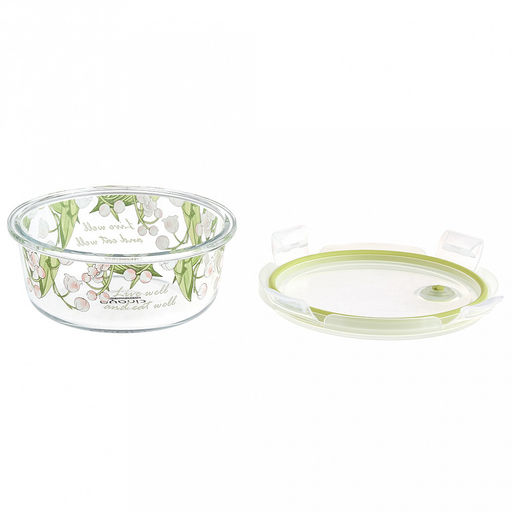Контейнер стеклянный Ландыши 600мл, д14,7см h6см, боросиликатное стекло, с деколью, круглый, пластмассовая крышка с пароотводом, герметичная, с клипсами, с силиконовым уплотнителем (Китай) - Домашняя мода фото 2