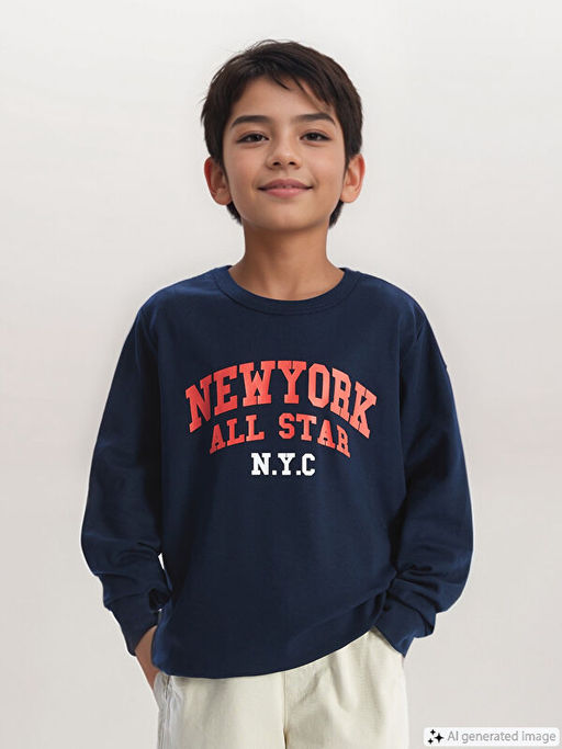 Bisiklet Yaka Bask?l? Uzun Kollu Erkek ?ocuk Ti??rt