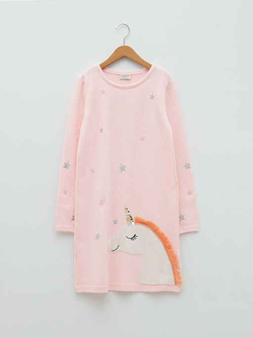 Bisiklet Yaka Nak?? Detayl? Uzun Kollu K?z ?ocuk Triko Elbise