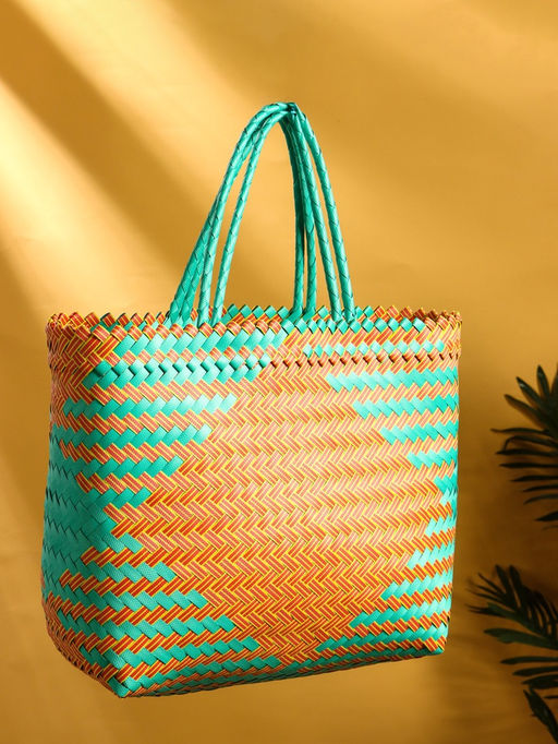 Сумка плетёная, 30×15×35 см, пластик, бирюзово-жёлтая