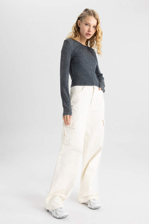 Крутая приталенная футболка в рубчик с длинными рукавами - Defacto фото 6