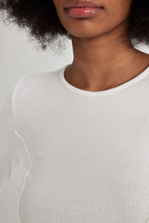 Приталенная футболка с длинными рукавами и круглым вырезом в рубчик - Defacto фото 5