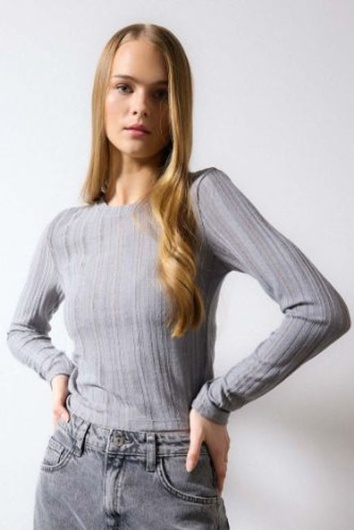 Fitted Bisiklet Yaka Basic Duz Uzun Kollu Tisort