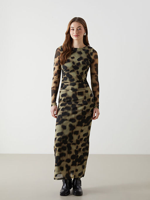 Bisiklet Yaka Leopar Desenli Elbise