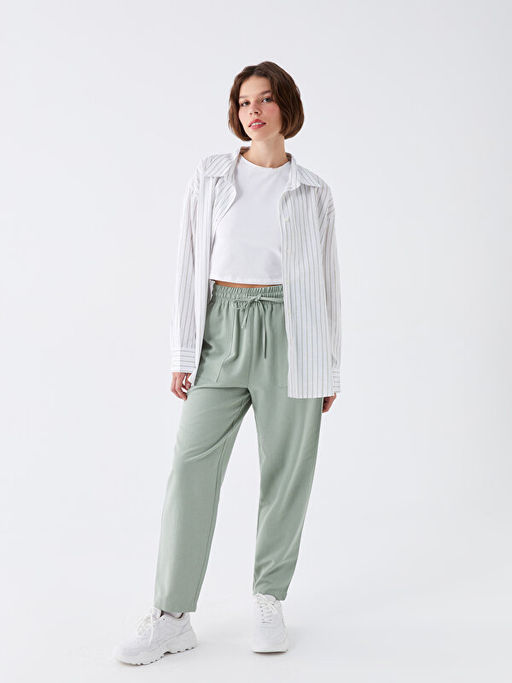 Beli Lastikli D?z Keten Kar???ml? Kad?n Pantolon