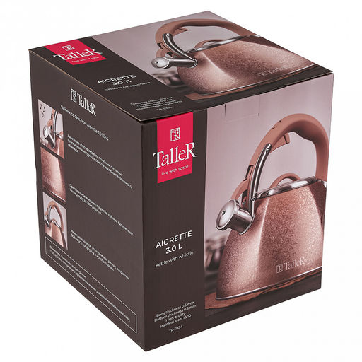 Чайник из нержавеющей стали 3л Айгрет s0,5мм, дно д22см, s0,5мм, индукционный диск д16,5см, со свистком, внешняя полировка свистка, внутренняя - матовая, пластмассовая ручка с покрытием soft-touch, цветная коробка , TalleR (Китай) - Домашняя мода фото 5