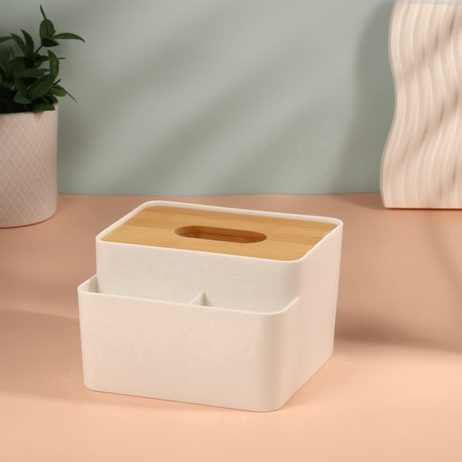 Цена за 2 шт. Органайзер для хранения «BAMBOO», с крышкой, 3 секции, 16×15×10 см, белый, коричневый