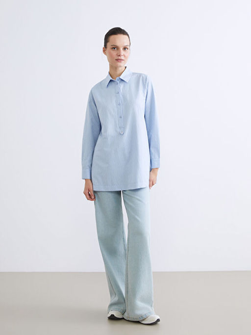 G?mlek Yaka ?izgili Poplin Kad?n Tunik