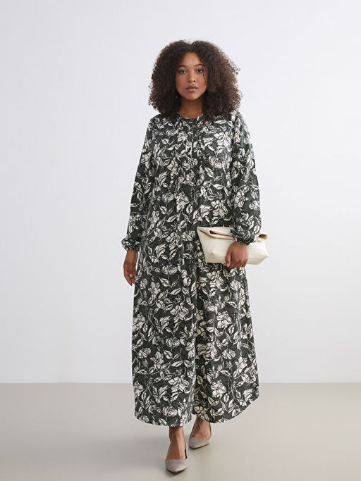 B?y?k Beden Hakim Yaka Desenli A Kesim Elbise