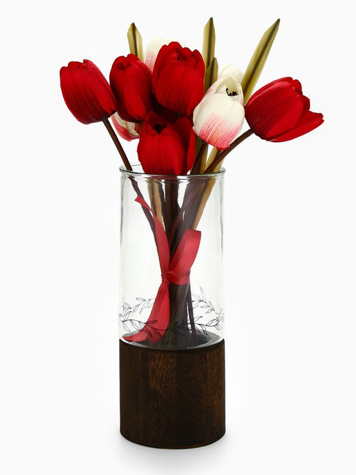 Ваза для цветов из стекла с деревянной подставкой, 25.5×10 см, 1.25 литра