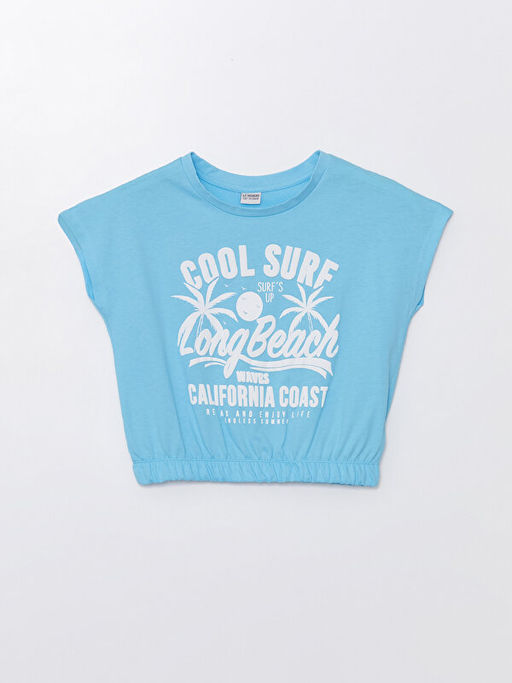 Bisiklet Yaka Bask?l? K?sa Kollu K?z ?ocuk Crop Ti??rt