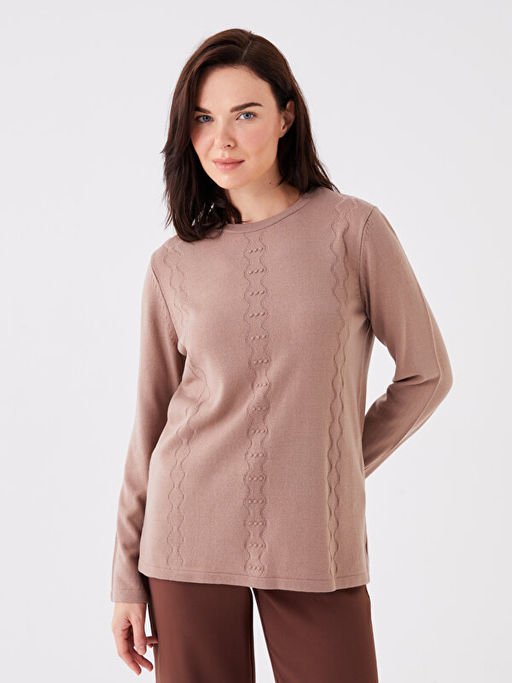 Bisiklet Yaka Kendinden Desenli Uzun Kollu Kad?n Triko Kazak