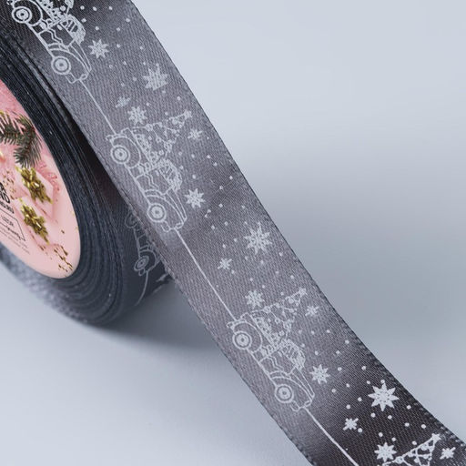 Лента атласная Машина с ёлкой, 25 мм, 231 м, тёмно-серая