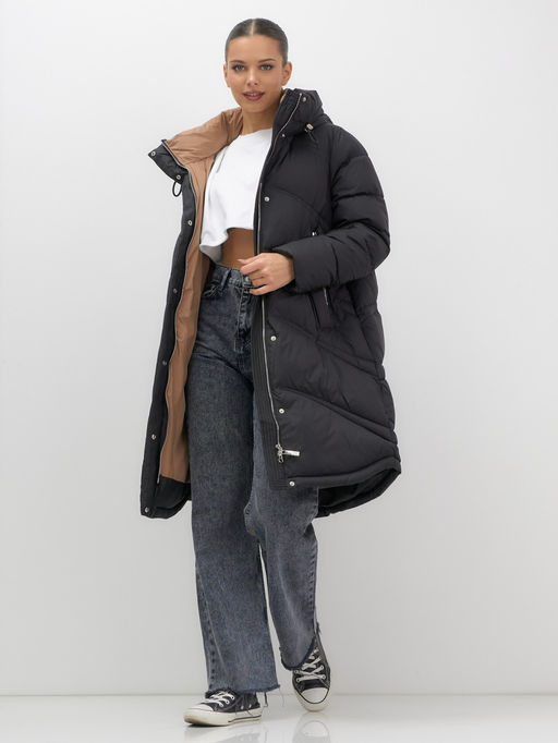 Пальто зимнее утепленное с капюшоном женское черного цвета 7747Ch - Visdeer фото 3