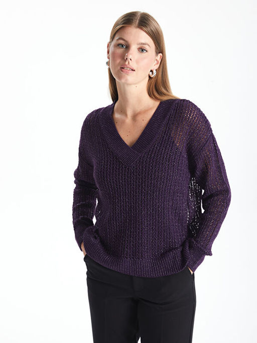 V Yaka Ajurlu Uzun Kollu Kad?n Triko Kazak