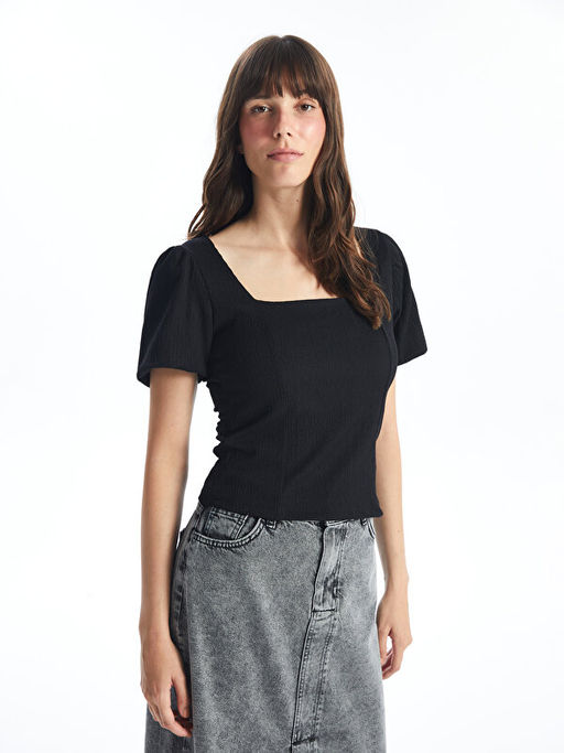 Kare Yaka D?z K?sa Kollu Crop Kad?n Bluz