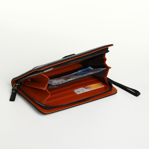 Портмоне-клатч мужской на молнии, с ручкой, наружный карман, чёрное