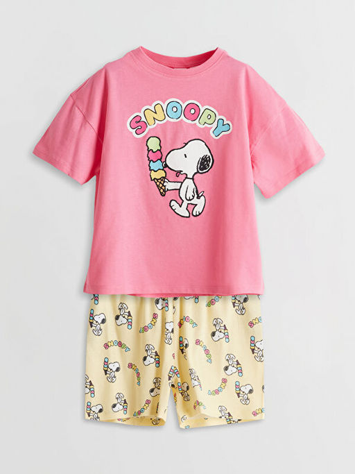 Bisiklet Yaka Snoopy Bask?l? K?z ?ocuk ?ortlu Pijama Tak?m?