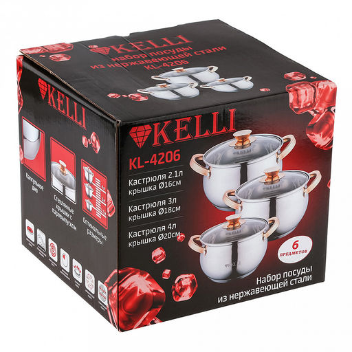 Набор кастрюль из нержавеющей стали Kelli 3 предмета: 2,1л - д16см, 3л - д18см, 4л - д20см, стеклянная жаропрочная крышка, пароотвод, ручки из нержавеющей стали под золото, 5-ти слойное капсульное дно, цветная коробка (Китай) Подходит для всех ви - Домашняя мода фото 2