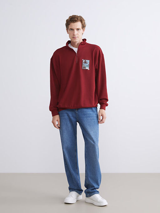 Dik Yaka Bask?l? Erkek Sweatshirt