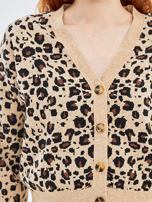 V Yaka Leopar Desenli Kad?n Triko H?rka
