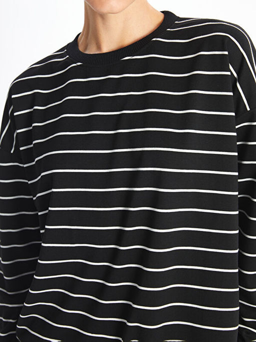 Bisiklet Yaka ?izgili Uzun Kollu Kad?n Sweatshirt