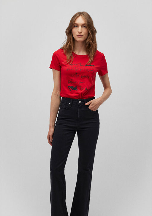 Kedi Bask?l? K?rm?z? Tisort - Mavi фото 2