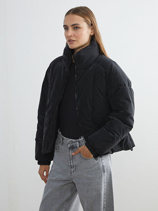 Dik Yaka Oversize Deri G?r?n?ml? Kad?n ?i?me Mont