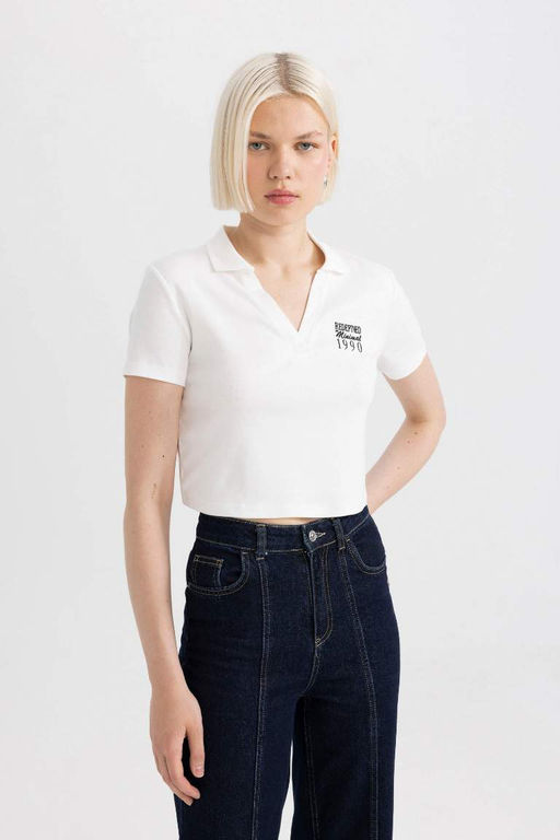 Приталенная футболка с короткими рукавами и воротником-поло с принтом - Defacto фото 3