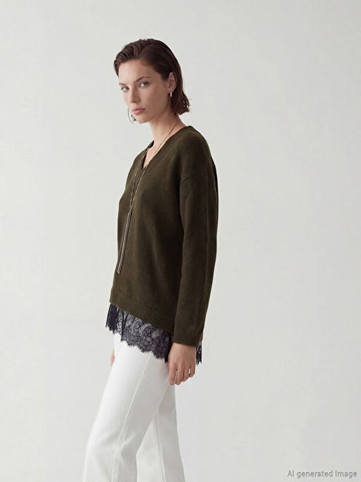 V Yaka Dantel Detayl? Kad?n Triko Kazak